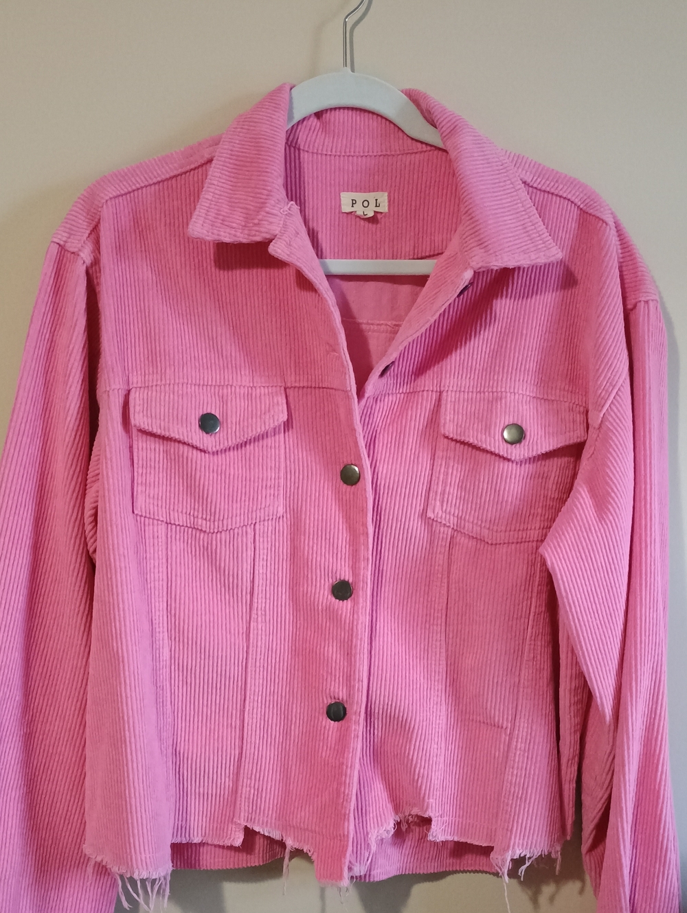 POL Clothing Hot Pink Distressed Corduroy Trucker Jacket Size Large
